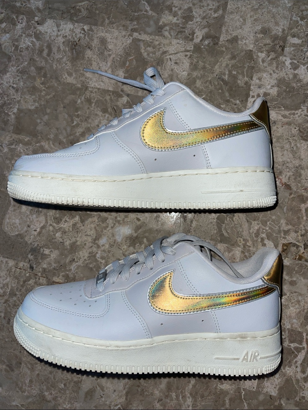 White Low-Top Air Force 1 Sneakers with Gold Iridescent Swoosh